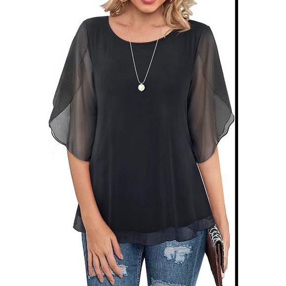 Sese Code Womens Ruffle 3/4 Sleeve Mesh Loose Black Size‎ 2XL Top New Lined - Picture 1 of 7